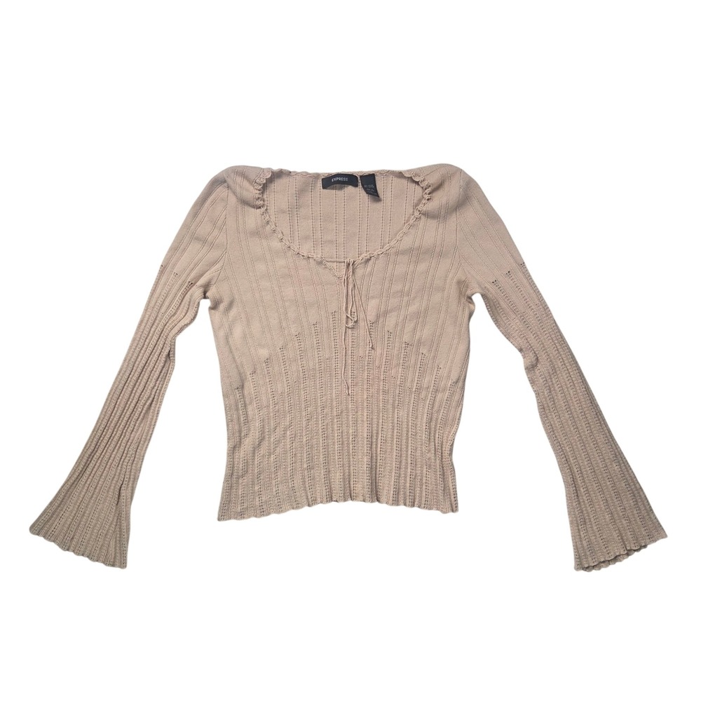 Express Vintage Y2K Tan Ribbed Knit Flare Sleeve Tie Front Top Large Boho Beige
